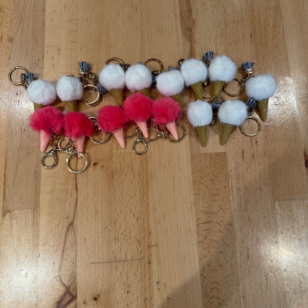 Fluffy Ice Cream Cone Keychain Pom Pom Keychain Accessory Lot (15)